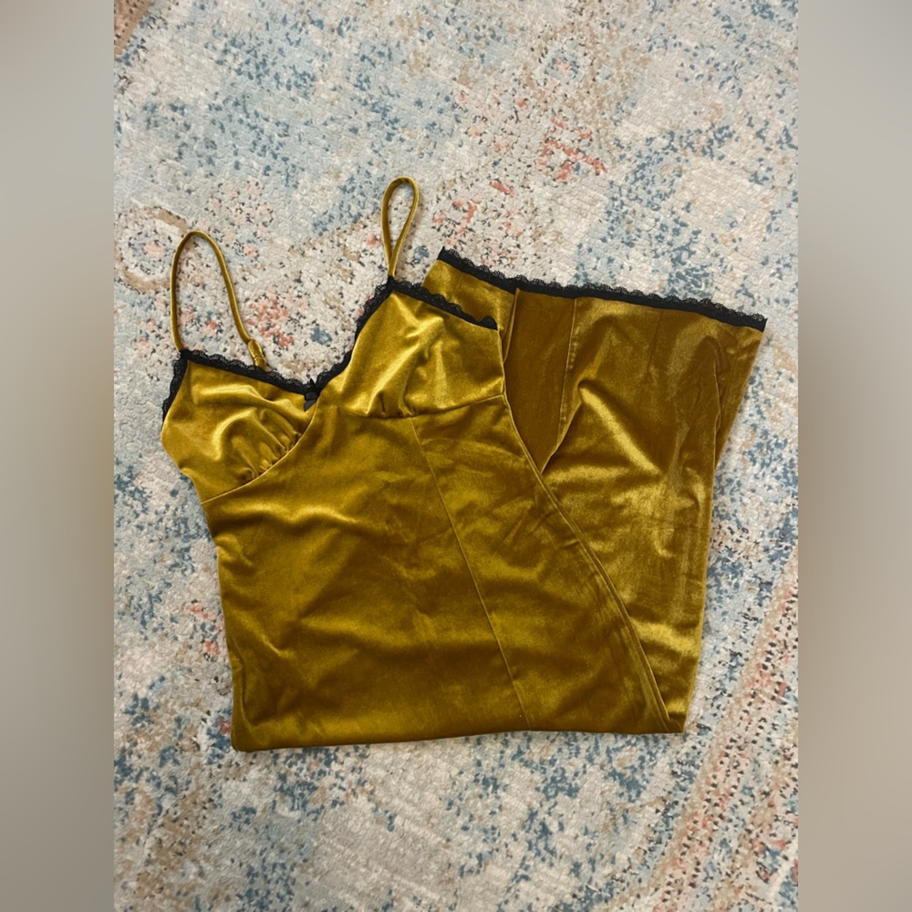 Forever 21 Gold With Black Lace Trim Dress New Womens Medium